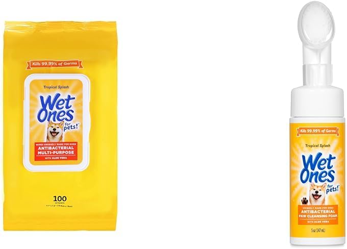 Wet Ones for Pets Tropical Splash Bundle: Multi-Purpose Dog Wipes with Aloe Vera, 100 Count & Paw Cleansing Foam with Scrubber Brush, 5 oz - Comprehensive Cleaning for All Dogs