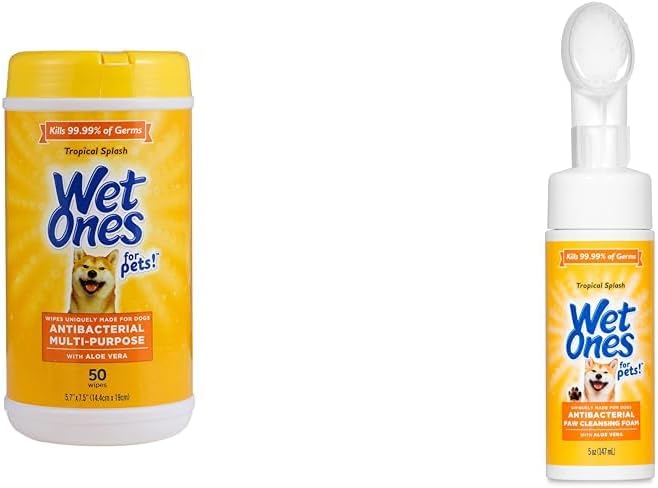 Wet Ones for Pets Tropical Splash Bundle: Multi-Purpose Dog Wipes with Aloe Vera, 50 Count & Paw Cleansing Foam with Scrubber Brush, 5 oz - Comprehensive Cleaning for All Dogs