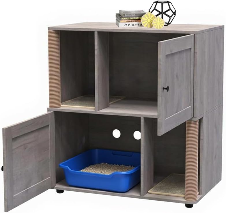 GarveeLife Cat Litter Box Enclosure for 2 Cats, Litter Box Enclosure with Double Room, Hidden Enclosed Cat Litter Box Furniture with Scratch Posts and Double-Layer Litter Mats Grey