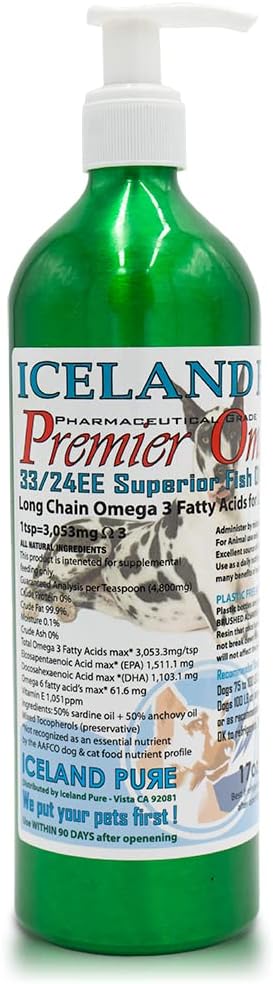 Premier Omega Fish Oil Supplement by Iceland Pure | Wild Caught | 3053mg of Omega-3 per teaspoon | For Large Dog Breeds | Ethyl Ester Distillation | Pump Bottle BPA Free Brushed Aluminum 17Oz