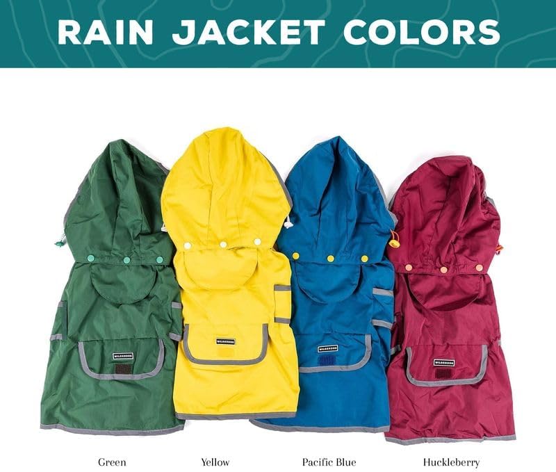 Wilderdog Dog Jacket Waterproof Raincoat with Breathable Interior, Removable Hood, Torso Strap, Secure Closures, Back Pocket and Two Hanging Loops, Foldable into Back Pocket