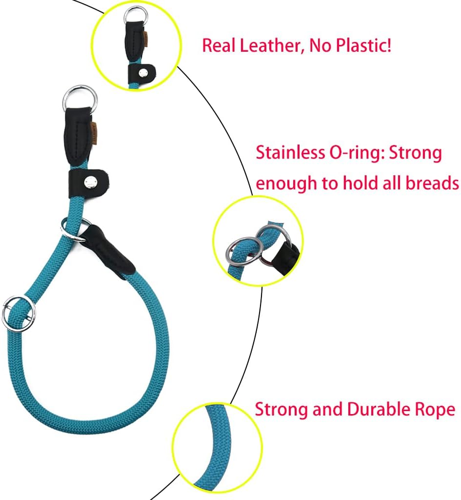 Braided Round Martingale Dog Collar, Training Collar with Slidable Stop Ring and Adjustable Stopper - Ideal for Medium Dogs (M(1/3") - 18" Long, Light Blue)