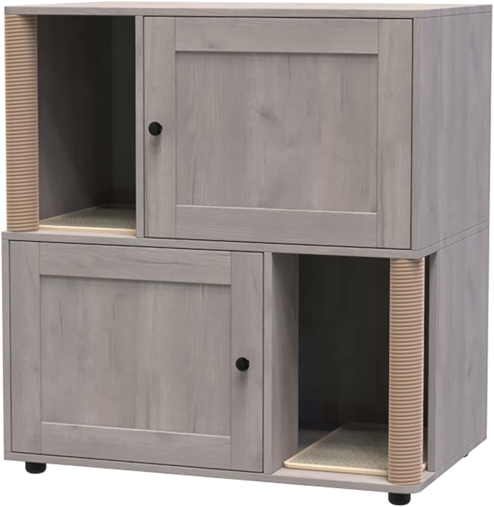 Double Layer Cat Litter Box Enclosure for 2 Cats, Hidden Litter Box Furniture with Cat Scratching Post and Board, 2 Story Wooden Cats Washroom or Bed, Pet House End Table for Living Room Balcony