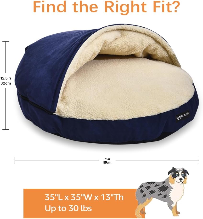 Amazon Basics Pet Cave Bed for Dog, With Removal Nesting Cave Cover, Fits up to 30lbs Pets, 35 x 35 x 13 inches, Blue