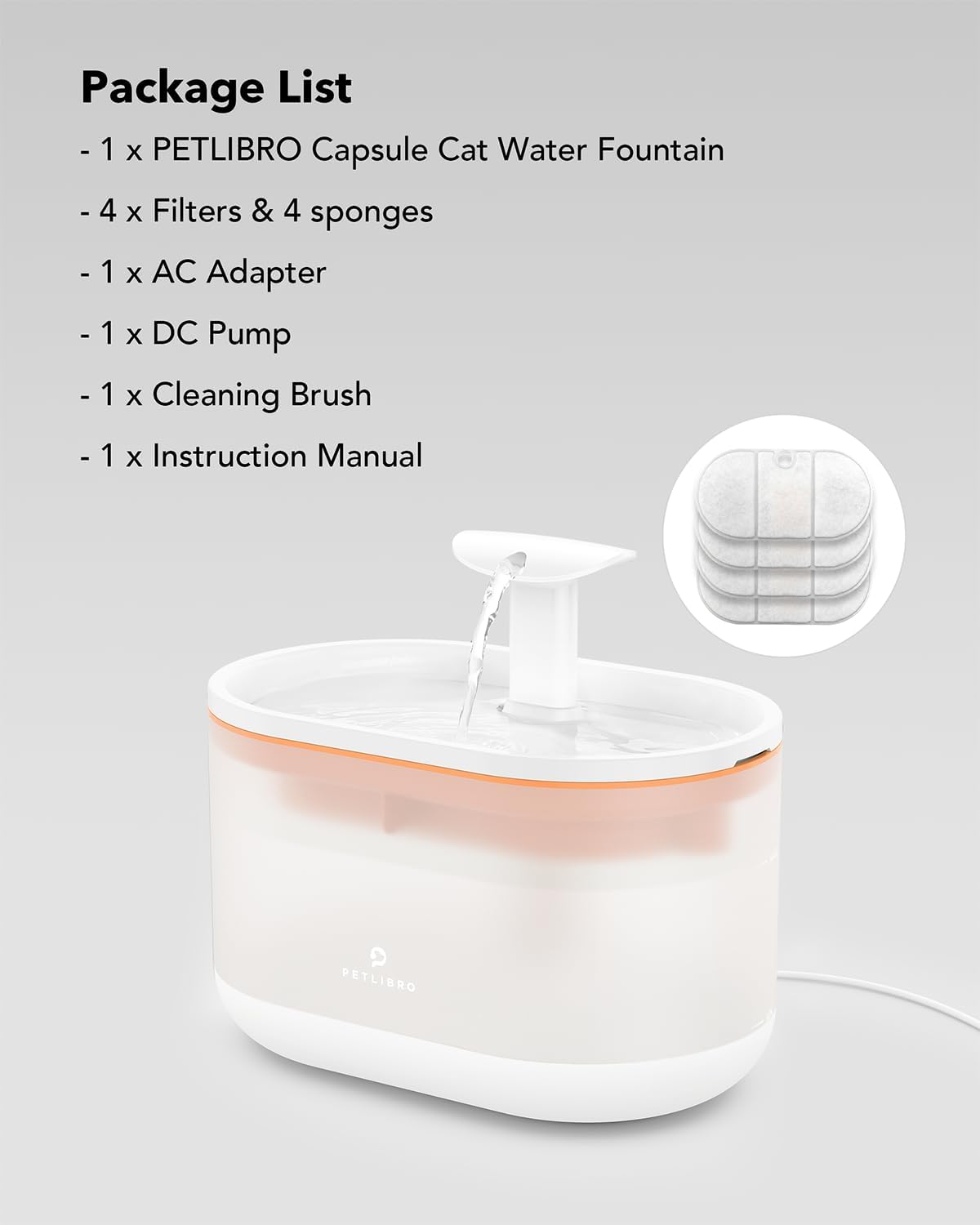 PETLIBRO 2.1L Automatic Cat Water Fountain, Ultra-Quiet Indoor Pet Water Dispenser with Dual Flow Modes, Visible Water Window & Multi-Layer Filter System, BPA-Free, Orange