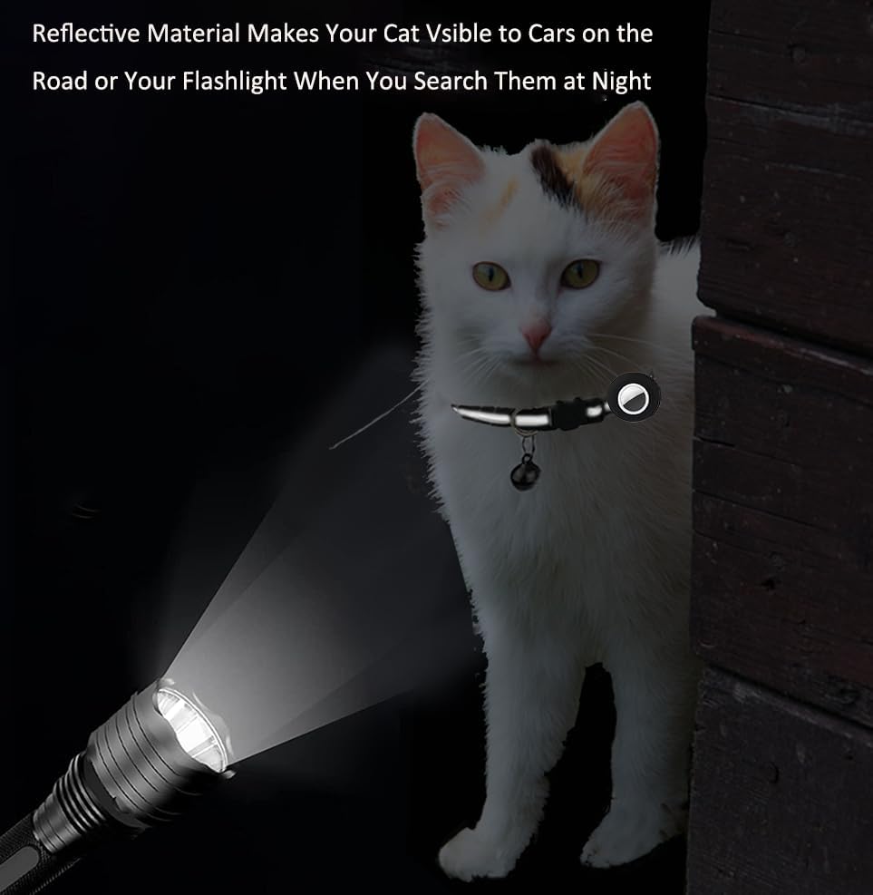 Breakaway AirTag Cat Collar with Reflective Strip, Compatible with AirTag – Lightweight and Adjustable Kitten Collar for Boy and Girl Kittens, Includes Safety Release Buckle and Bell (Black)