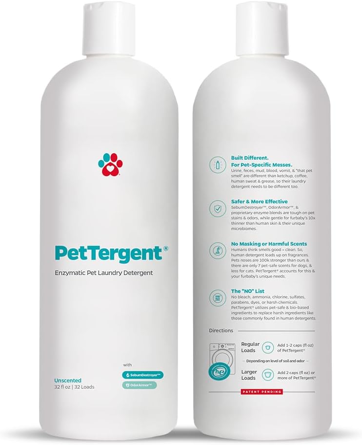 Pet Parents® PetTergent®, Enzymatic Pet Laundry Detergent, 32 oz 32 Loads Pet Stain Remover & Pet Odor Eliminator, Laundry Detergent for Pets (Unscented, 32 oz)