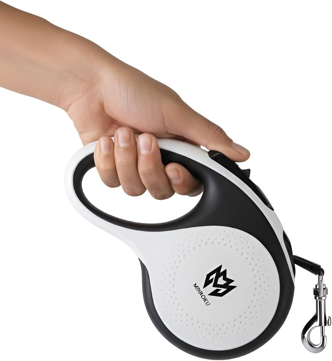 Minruko Retractable Dog Leash with LED Light – 360° Tangle-Free 16ft Heavy-Duty Nylon Tape Leash | One-Hand Brake, Pause & Lock System | Medium Dogs (White)