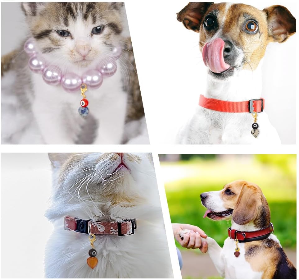 12pcs Evil Eye Heart Collar Pendants for Cat Dog, Gemstone Jewelry Charms Lampwork Pet Collar Pendants Clip-on Charms for Bag Decor Keychain Pet Necklace Training Home Decoration
