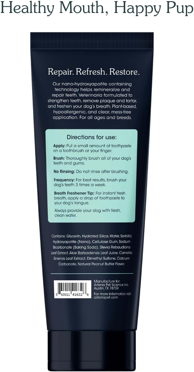 Remineralizing Dog Toothpaste – Vet-Grade, with Nano-Hydroxyapatite, Reverses Early-Stage Decay, Cleans Teeth, Reduces Tartar, Freshens Breath by Arterra Pet Science, Plant-Based, Natural Flavor, 3oz