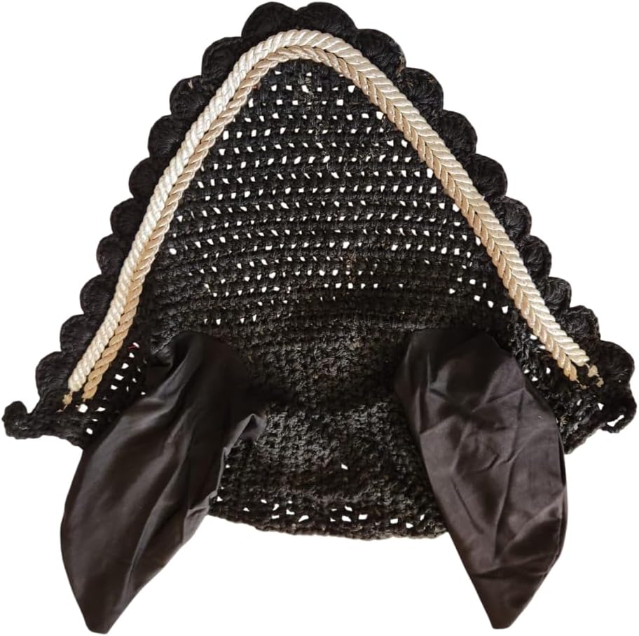 Horse Ear Bonnet Fly Veil Crochet Equestrian with Piping Black Color Full Size
