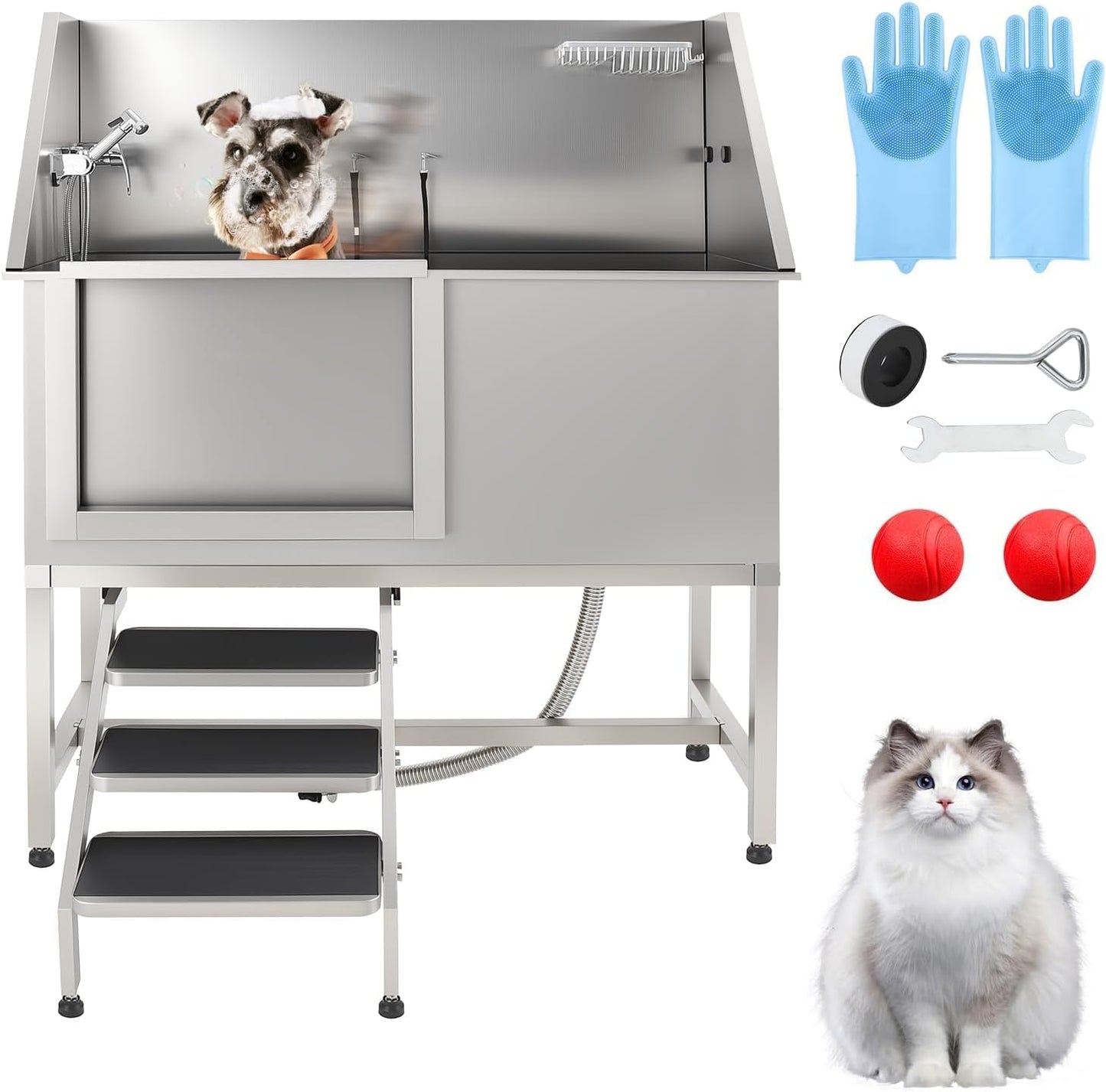 62" Pet Dog Bathing Station with Ramp, Professional Stainless Steel Dog Grooming Tub with Soap Box, Faucet, Dog Bathtub for Large,Medium,Small Pets, Washing Sink for Home
