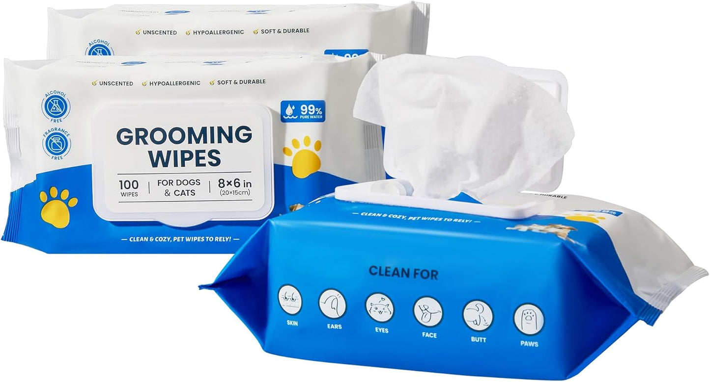 Unscented Pet Grooming Wipes for Dogs & Cats - 300 Count Dog Wipes for Cleaning Paws, Body, and Butt, Thick, Soft & Hypoallergenic
