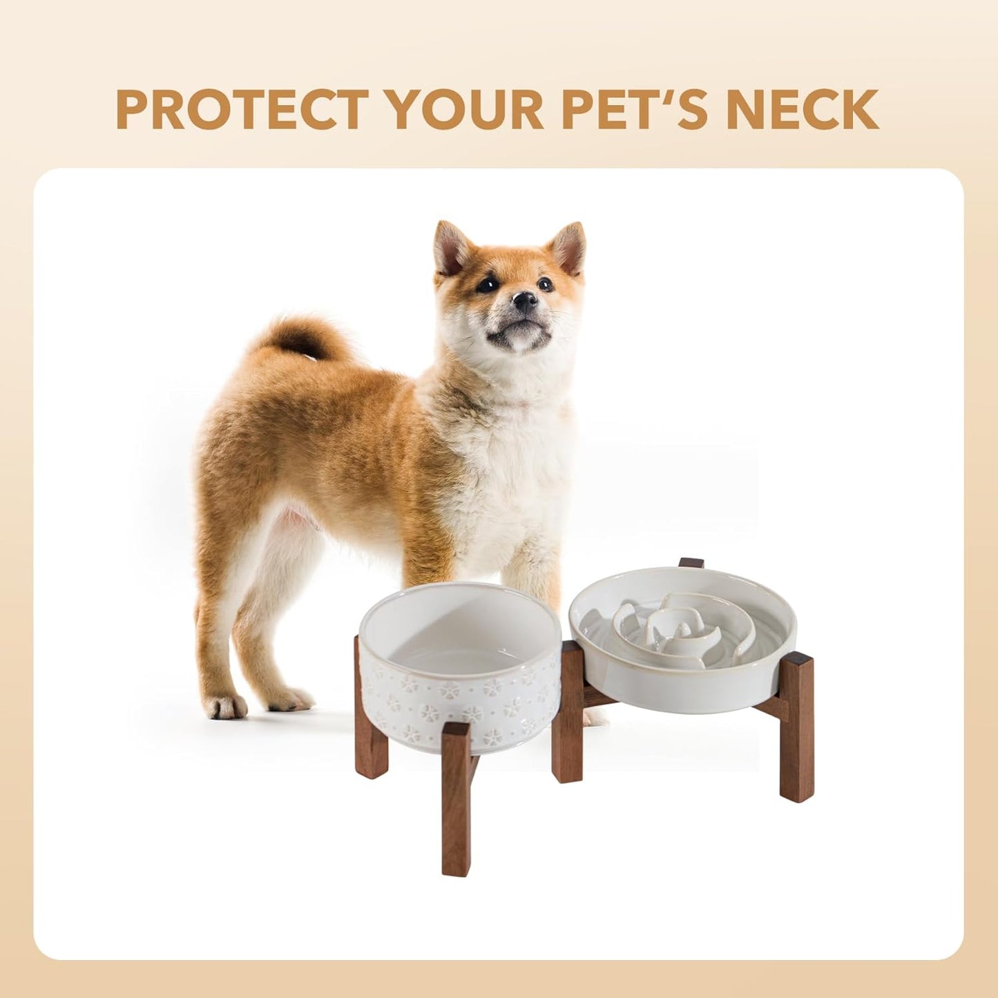 Ceramic 1.2 Cup Raised Slow Feeder Dog Bowl Set, Elevated 6.1inch Bowl and 7.3inch Dish with Acacia Wood Stand for Small and Medium Dog(2 x Reactived Glaze -White+ Stand)