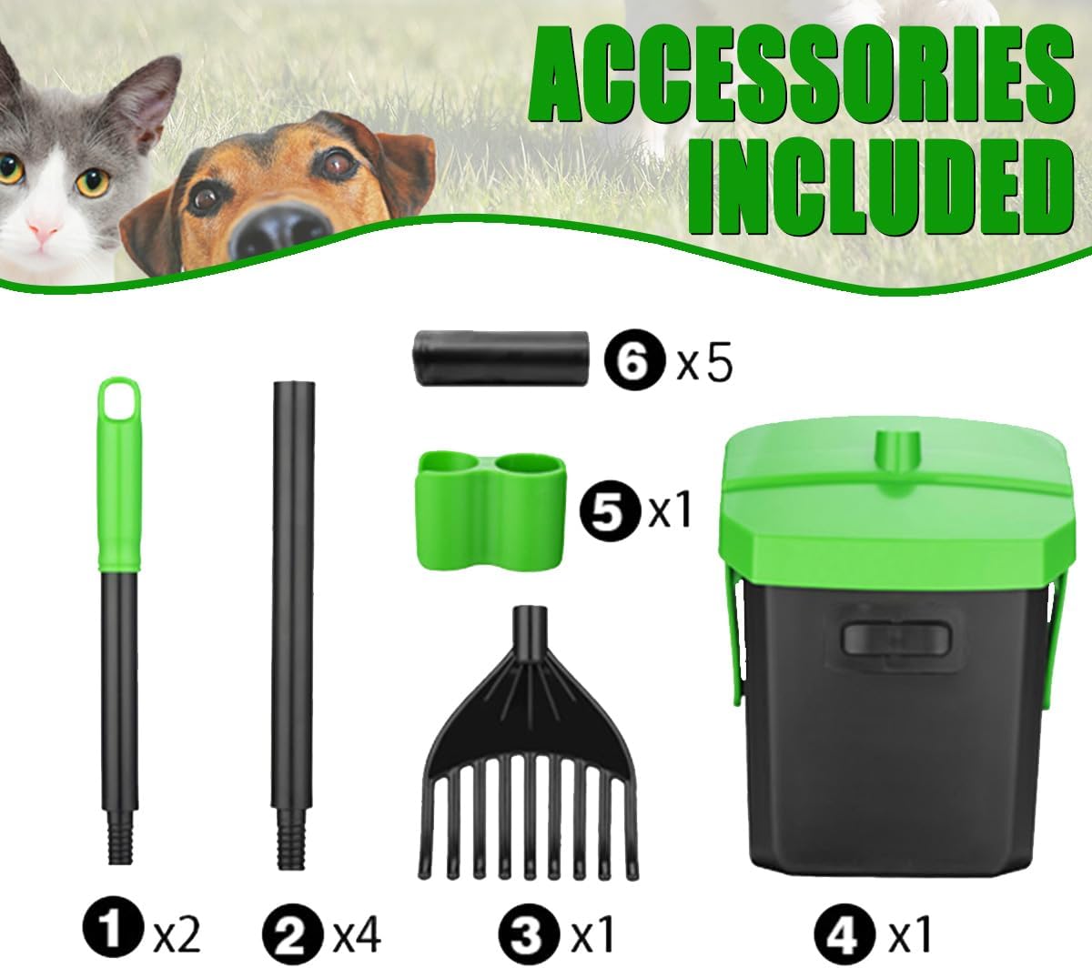 Pooper Scooper Swivel Bin & Rake with 100 Waste Bags, Dog Pooper Scooper with Bag Attachment for Large Medium Small Dogs, Poop Scooper with Lid for Lawn Yard Dog Kennel