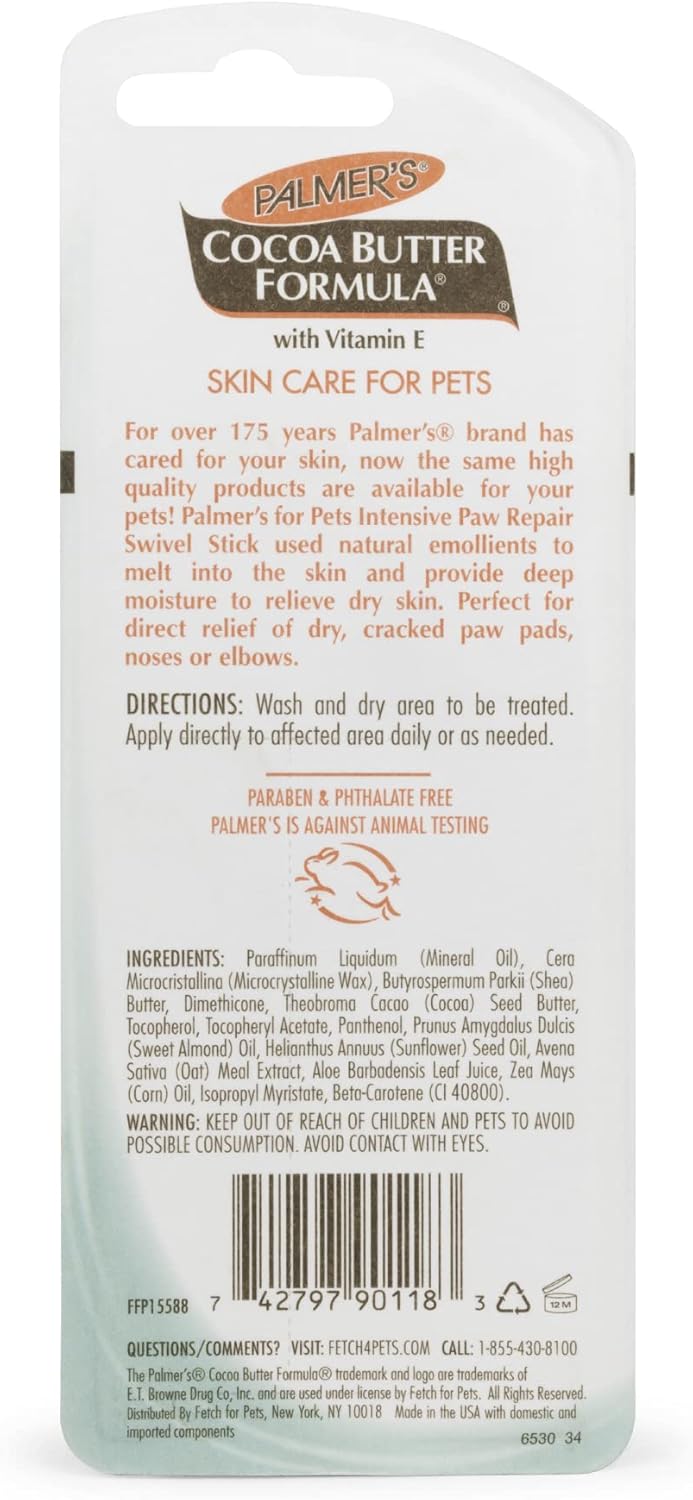 Palmer's Cocoa Butter Fragrance Free Intensive Paw Repair Swivel Stick for Dogs Cocoa Butter Paw Balm with Vitamin E, Peppermint Oil, and Shea Butter for Rough & Dry Pads for Dogs -0.5 oz