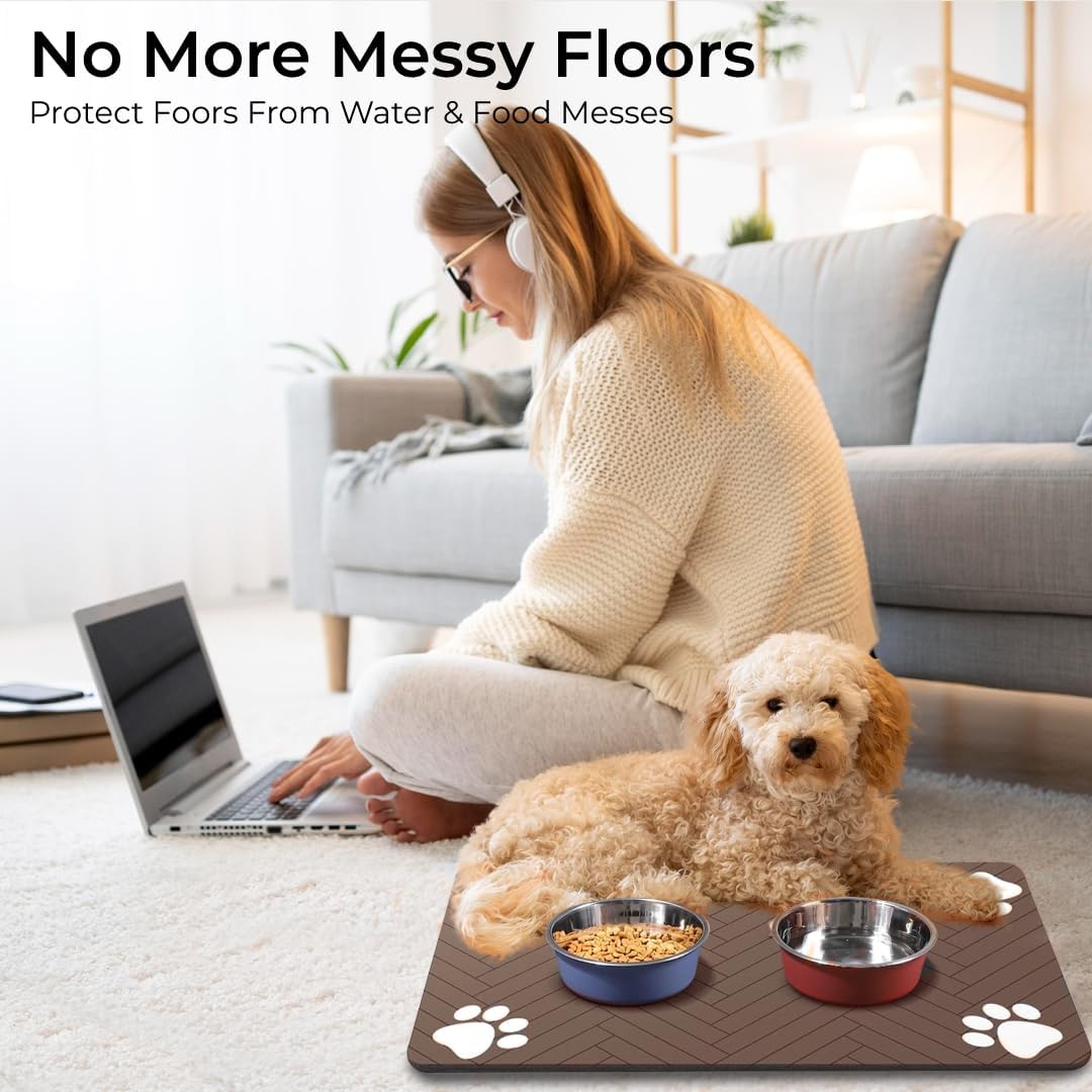 Pet Feeding Mat for Dogs and Cats – Absorbent Pet Placemat with Waterproof Non-Slip Rubber Backing – Quick Dry Food and Water Bowl Mat, Easy to Clean Floor Protector for Pets (12"x20", Dark Brown)