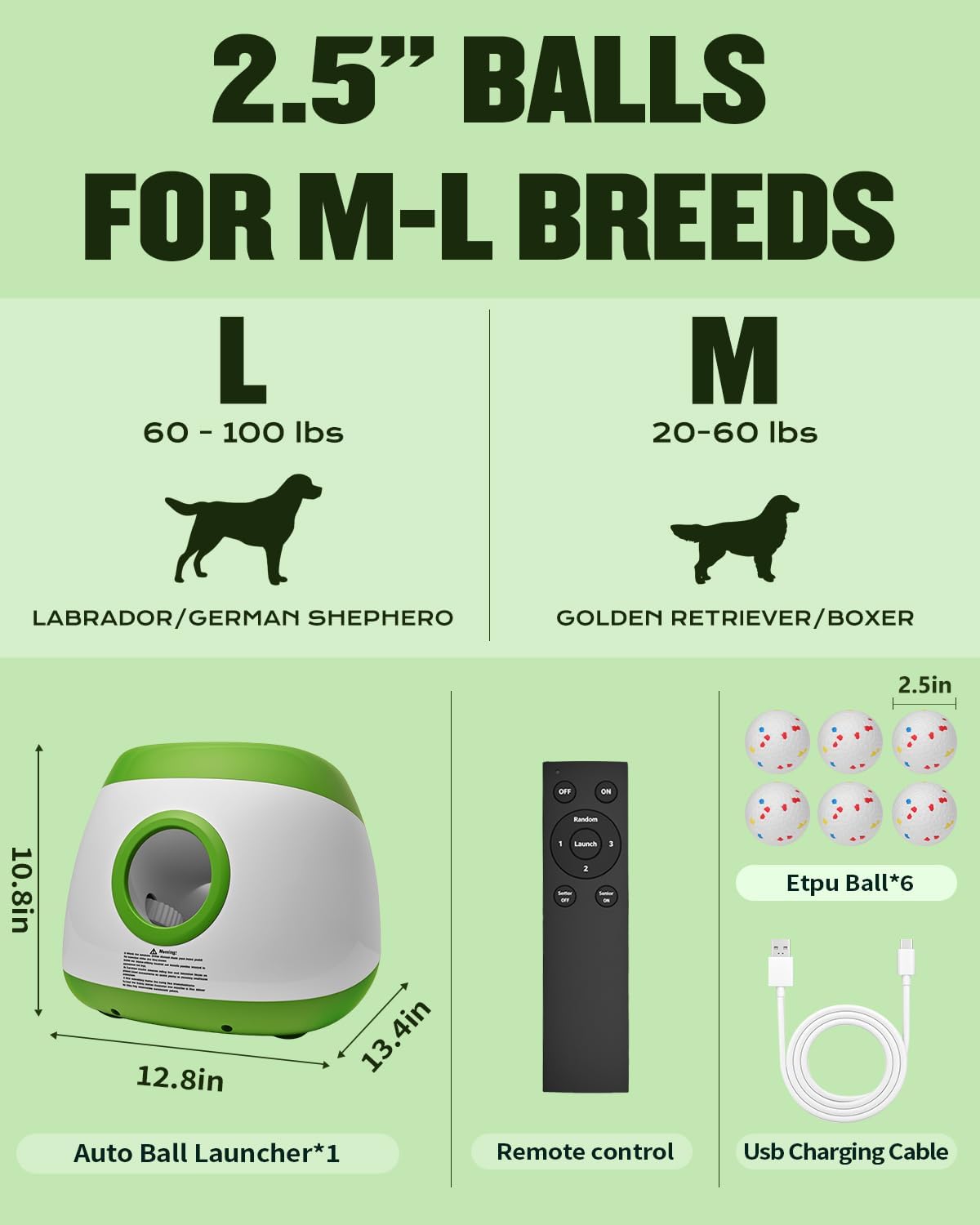 Automatic Ball Thrower for Dogs, Ball Launcher for Dogs - 2.5" Dog Balls * 6Pack (Green)