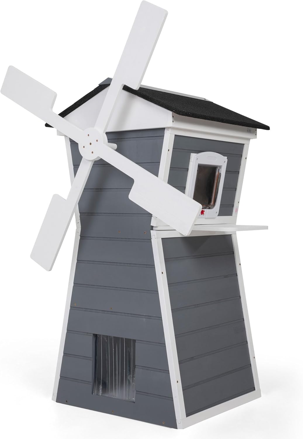 Coziwow Outdoor Cat House,Windmill-Shaped Kitty Enclosure with Waterproof Roof, Jumping Platform & Balcony for Porch or Garden