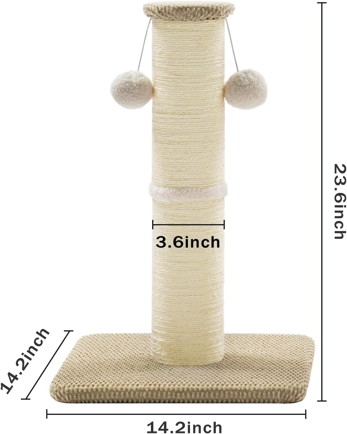 Made4Pets Tall Cat Scratching Post, 23.6" Natural Sisal Cat Scratcher with Hanging Balls, Heavy Duty and Thicker Scratching Post for Indoor Cats Adults, Sturdy Base Cat Scratch Post, Beige