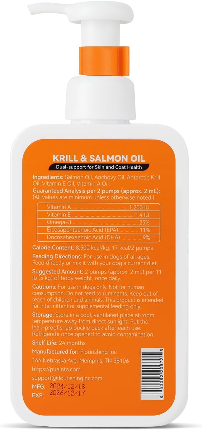 Krill and Salmon Oil for Dogs & Cats for Healthy Skin and Coat, 25% Max Omega 3 for Dog Fish Oil Supplement with EPA & DHA, Vitamin A, E for Dry Skin, Itchy & Allergy Skin Relief -8 oz, Liquid