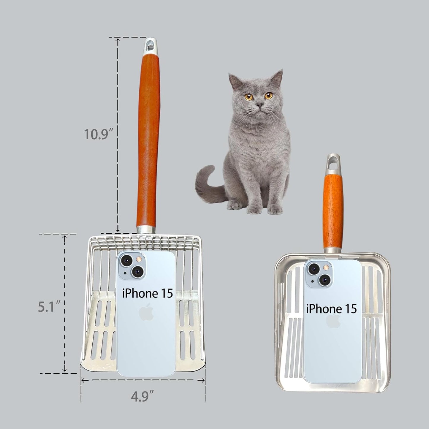 Metal Cat Litter Scoop with Holder, 10.9" Long Oak Handle Stainless Steel Litter Scooper for Deep Litter Boxes (2-in-1 Gap Design)
