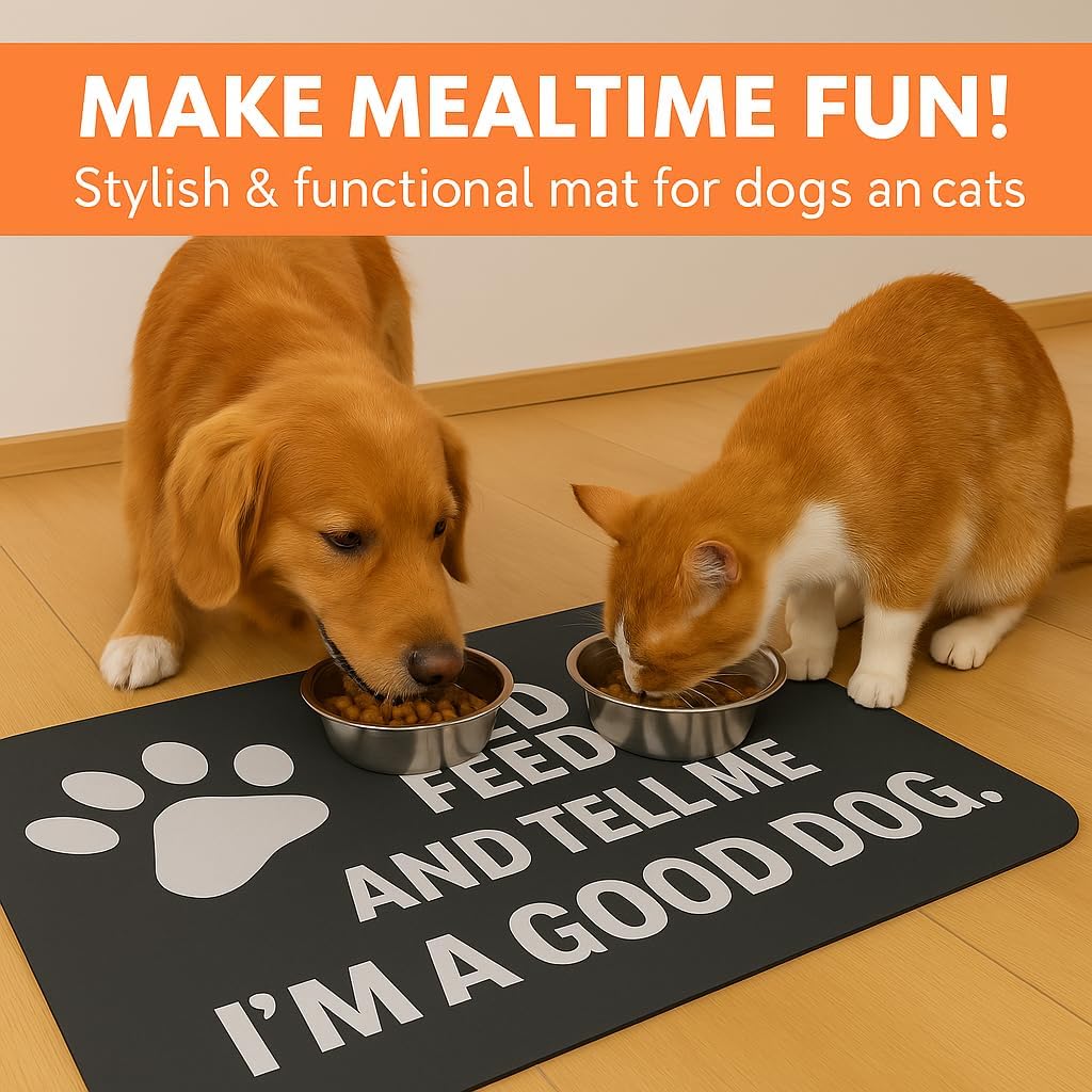 Pet Feeding Mat for Dogs and Cats, Absorbent Dog Bowl Mat Waterproof Anti-Slip, Quick Dry Dog Food Mat for Pet Water Bowl, Funny Paw Print Design (12" x 20")