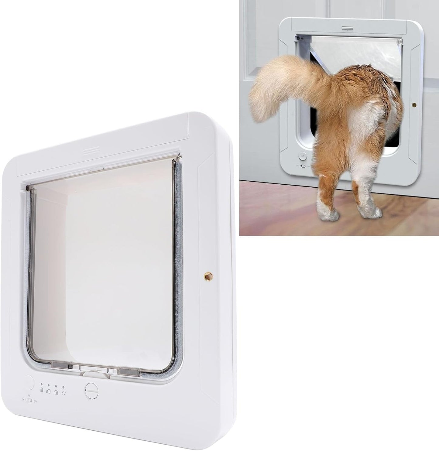 Smart Electronic Pet Door, Automatic Unlocking Microchip Dog Door with 4 Distinct Modes, Selective Entry and Exit, Weatherproof Battery Powered Pet Door for Multi Pet Homes (White + Remote