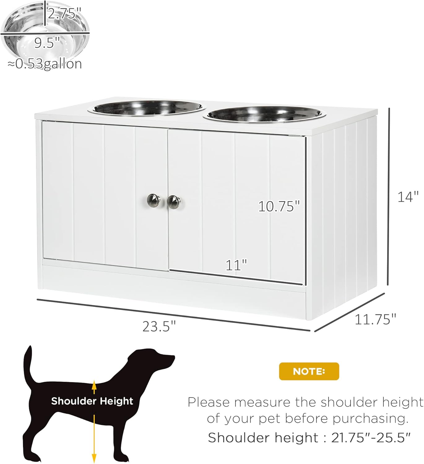 LUMILAND Pet Feeding with Storage Cabinet, Large Dog Bowl Stand, 44L Capacity, Easy Clean Stainless Steel Bowls, White