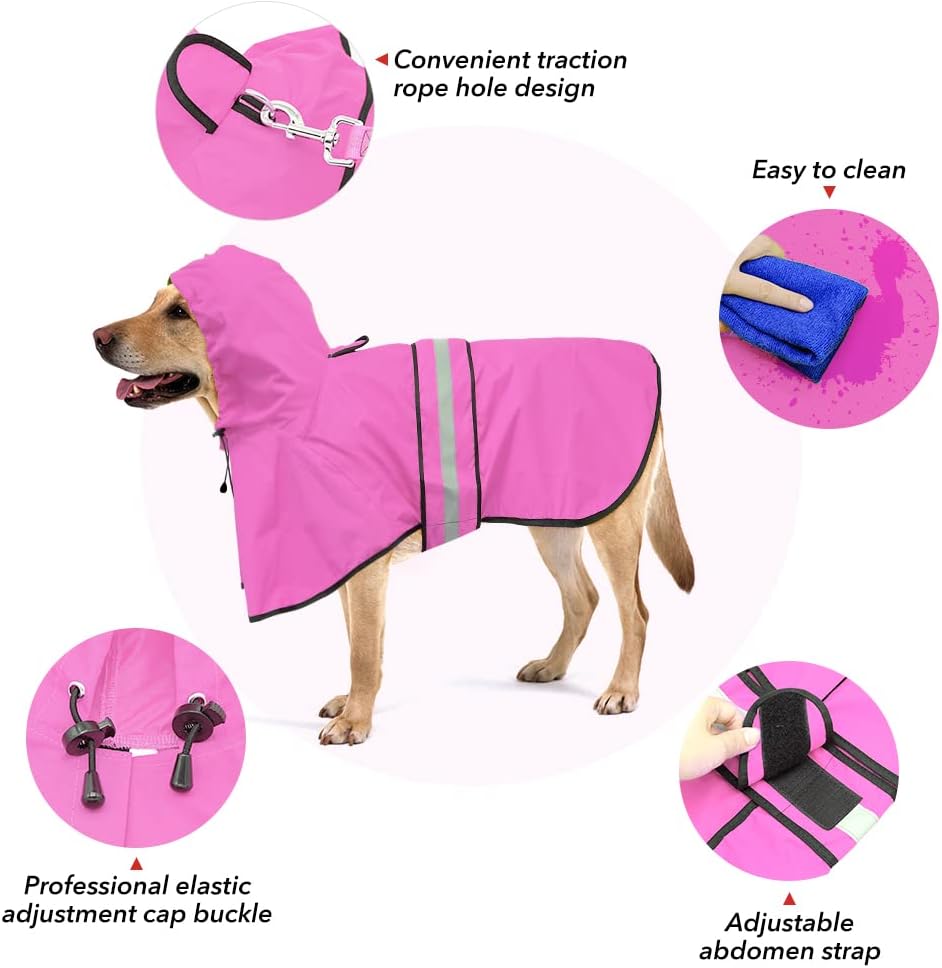 Reflective Dog Rain Coat - Waterproof Adjustable Pet Rain Jacket, Lightweight Dog Hooded Poncho Raincoat for Small to X- Large Dogs and Puppies (Pink, Large)