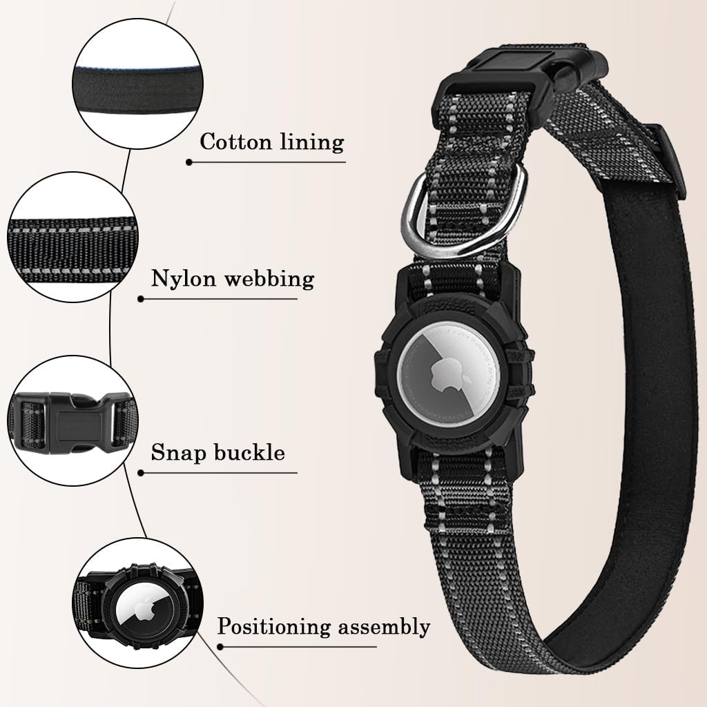 Airtag Dog Collar with Waterproof Air Tag Holder, Integrated Reflective Pet Collar with Soft Padding, Adjustable Nylon Collar for Small Medium Large Dogs, Black,M (14.5"-19.7")
