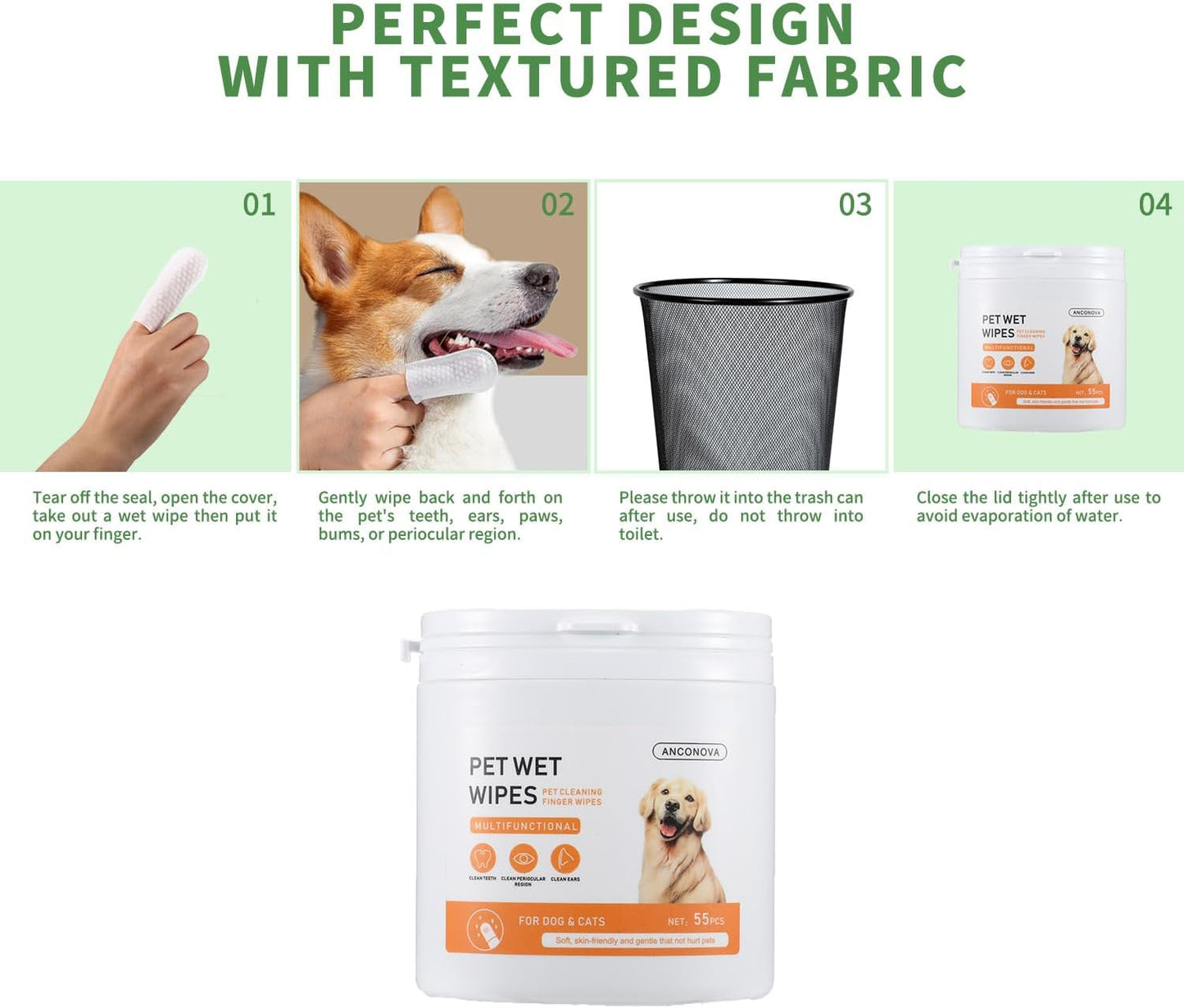 Pet Teeth Disposable Gentle Cleaning Wipes Multifunctional, Finger Toothbrush for Dogs & Cats Bad Breath Eliminator Removing Plaque & Tartar Buildup No-Rinse Gum Care Pet Wipes 55