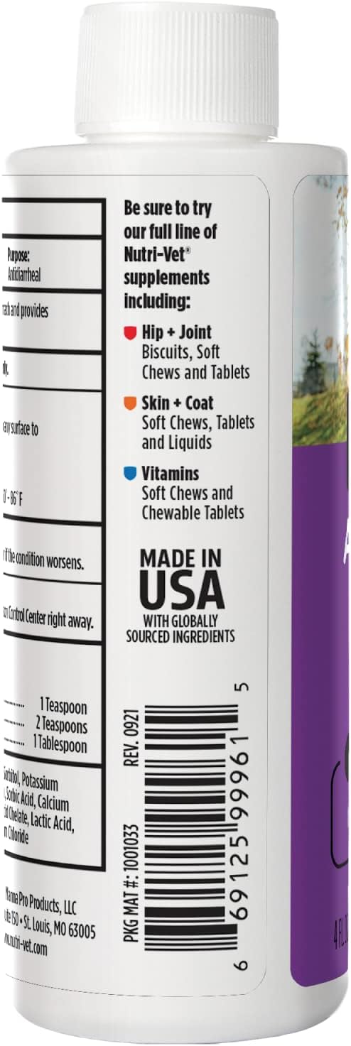 Nutri-Vet Anti-Diarrhea Liquid for Dogs and Puppies, Puppy Supplements for Digestive Health, Dog Essentials for Gut Support, Pet Vitamins, Probiotic Alternative, Puppy Supplies, Made in USA, 4oz