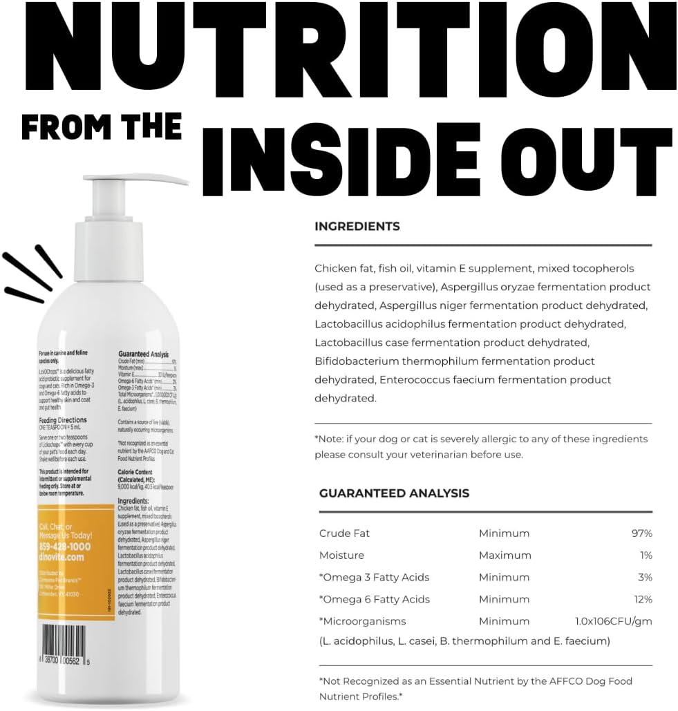 Dinovite Lickochops for Dog & Cat Supplement Enhanced with Omega-6, 3 Fatty Acids, Probiotics and Vitamin E, 16 oz with Pump