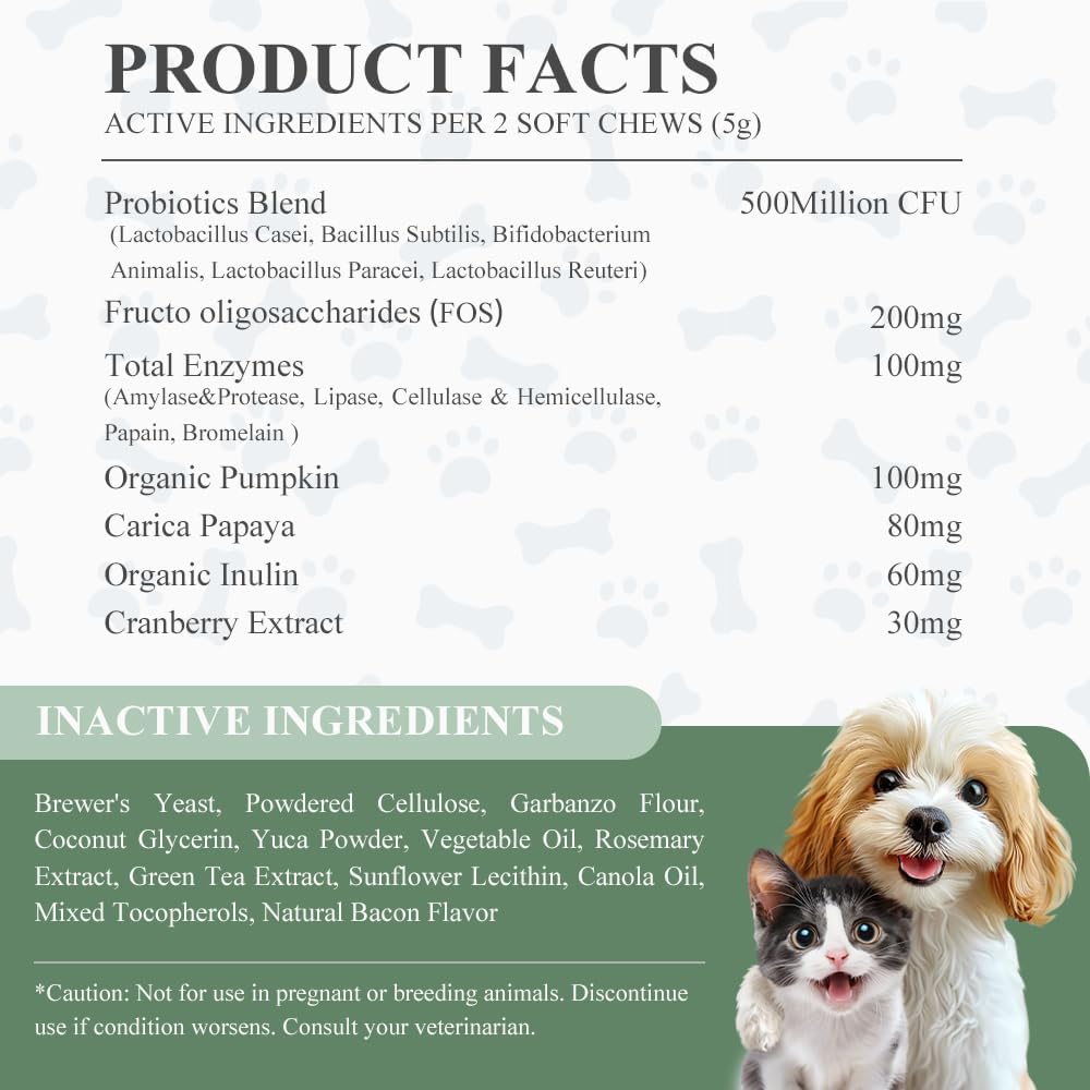 Freeze-Dried Probiotics Chews Supplement for Dogs & Cats, 5-in-1 Probiotic Blend for Digestive and Gut Health, 120ct/300g