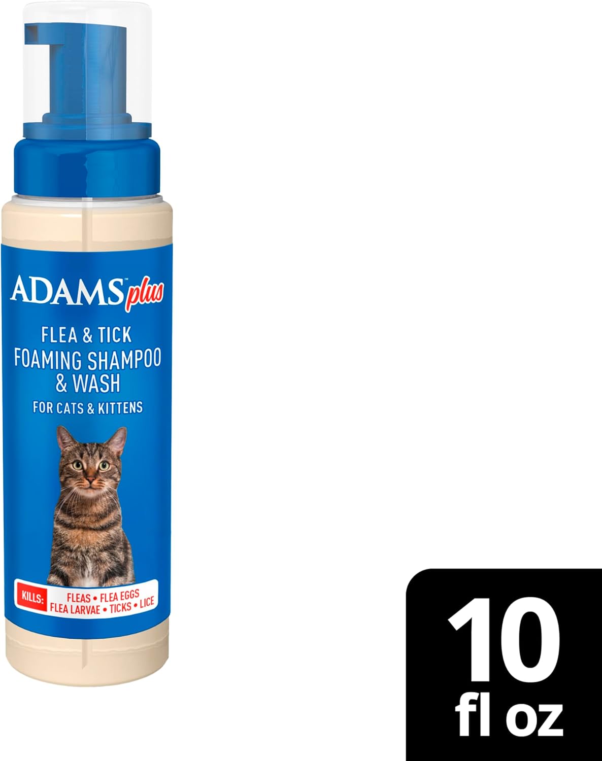 ADAMS Plus Flea & Tick Foaming Shampoo & Wash for Cats & Kittens Over 12 Weeks, Sensitive Skin Flea Treatment for Cats & Kittens, Kills Adult Fleas, Ticks and Lice On Contact, 10 Ounces
