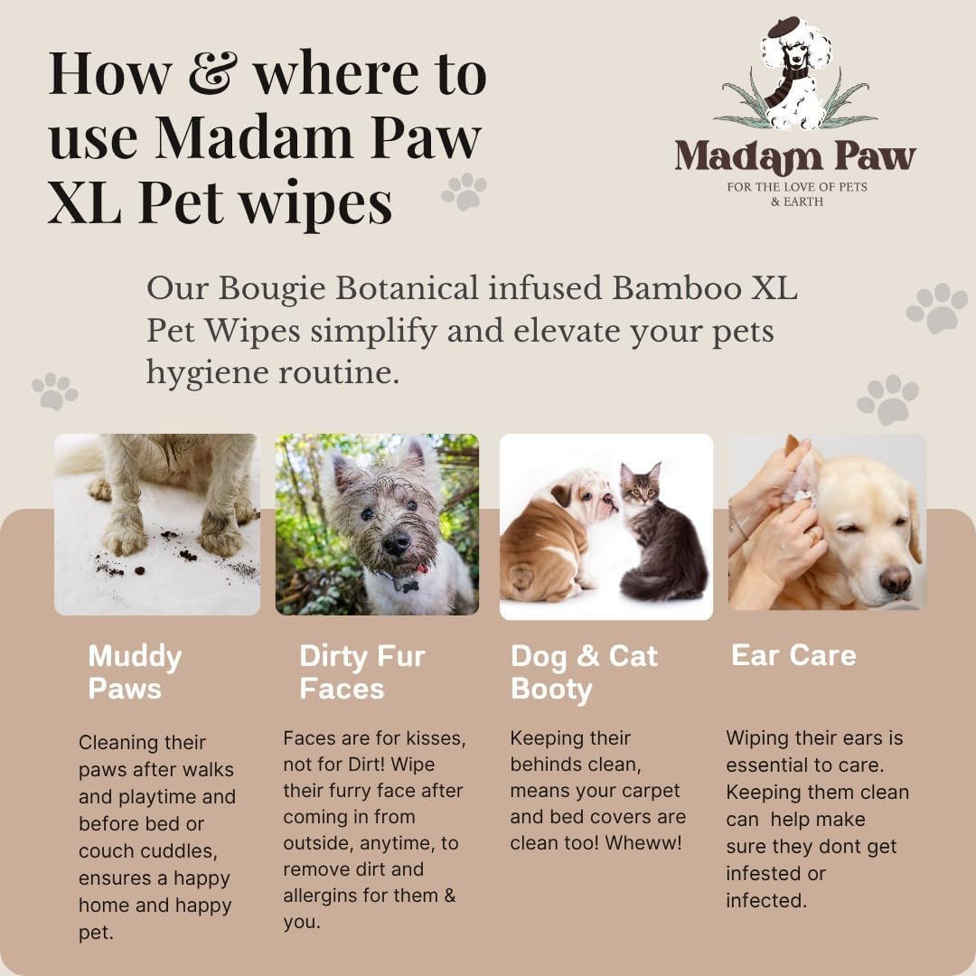 XL Organic Unscented Pet Wipes - Paws Body Butt - Plant Based Bamboo Pet Wipes - Thick Hypoallergenic & Textured for Cleansing & Gentle Hydrating Cat & Puppy Dog Wipes for Travel