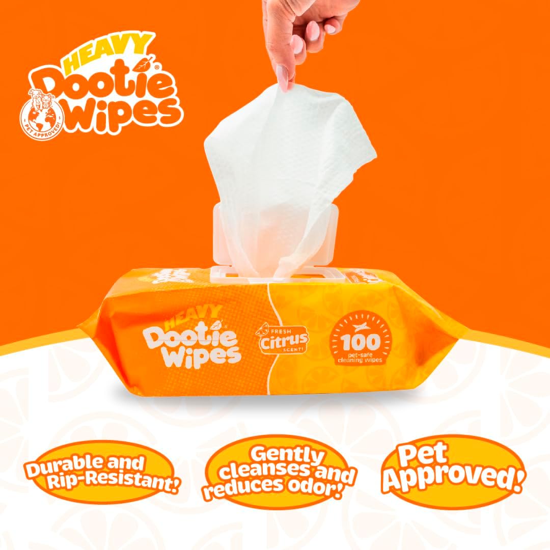 HEAVY Dootie Wipes - Convenient Durable Dog Wipes for Paws, Butt with Very Mild Pleasant Citrus Scent, 100 Count - Puppy Essentials Pet wipes, Dog Wipes Cleaning and Deodorizing. Made with Bamboo.