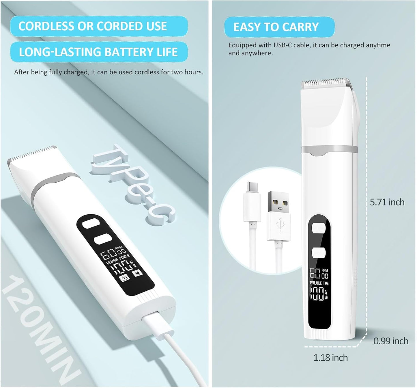 Dog Clippers for Grooming, 4 in 1 Dogs Paw Trimmer Pet Grooming Kit, Low Noise Dog Shavers with Nail Grinder Quiet, Rechargeable Cordless Electric Pets Clippers, 2-Speed Pet Hair Trimmer for Dogs Cat