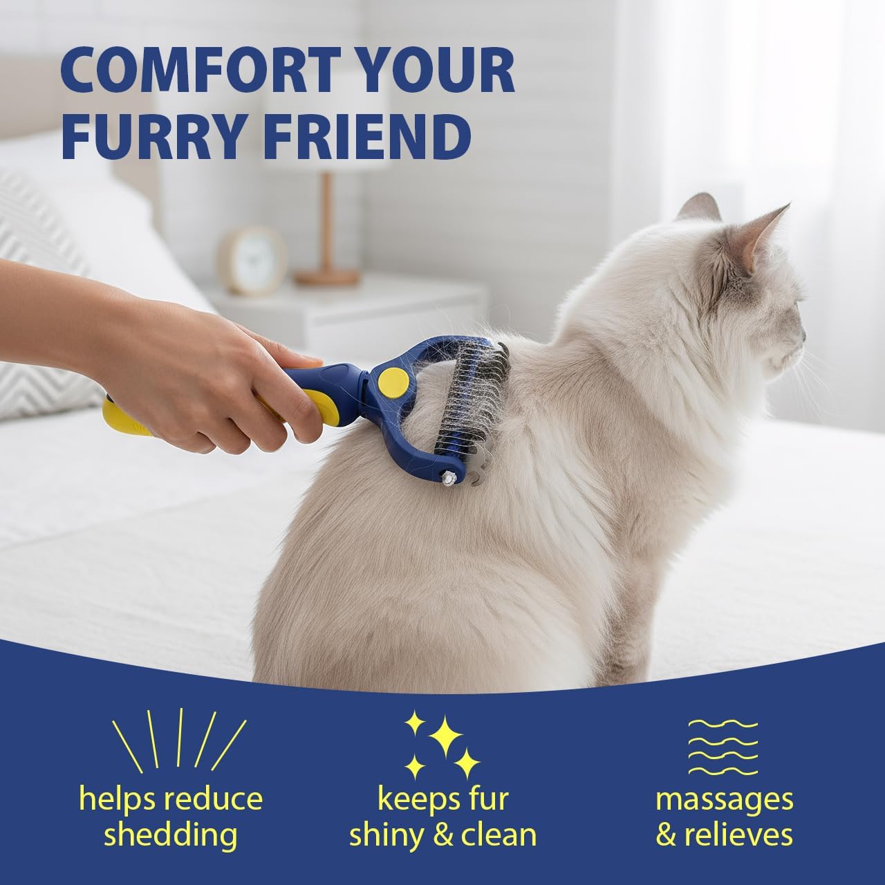 Professional Double-Sided Pet Grooming Rake, Blue and Yellow Deshedding Tool for Dogs and Cats, Undercoat Dematting Brush for Long Hair Pets