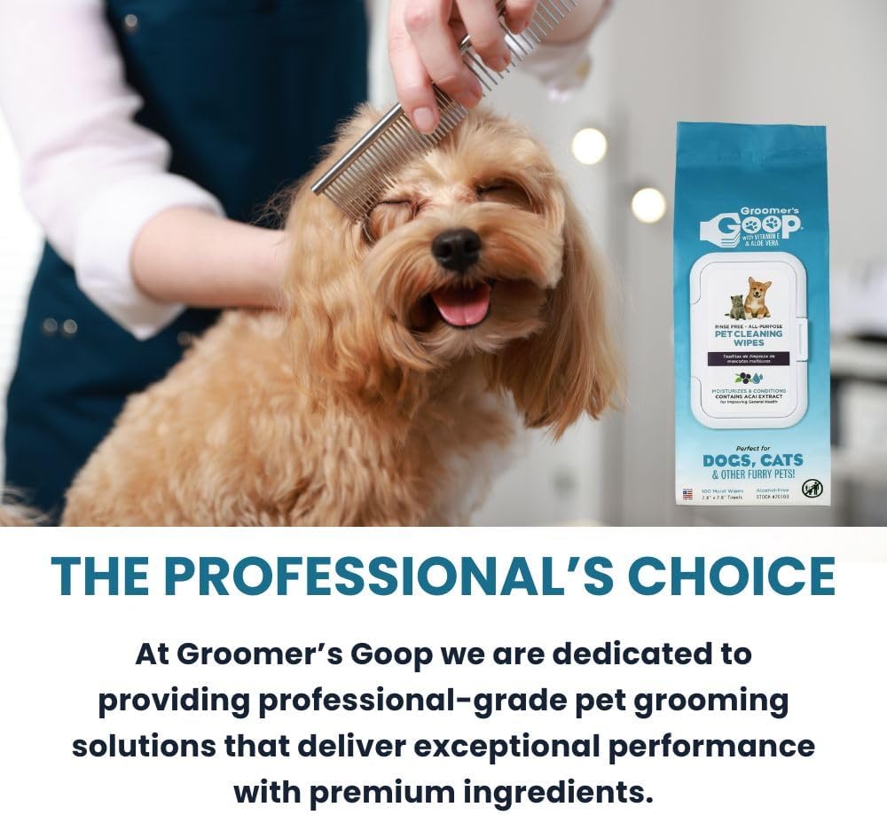 Groomer’s Goop Pet Cleaning Wipes – Gentle, Alcohol-Free Formula with Acai Extract for Dogs & Cats, Safely Cleans & Deodorizes Fur, Supports Skin Health, Great for Puppies & Kittens – 100 Count Pack