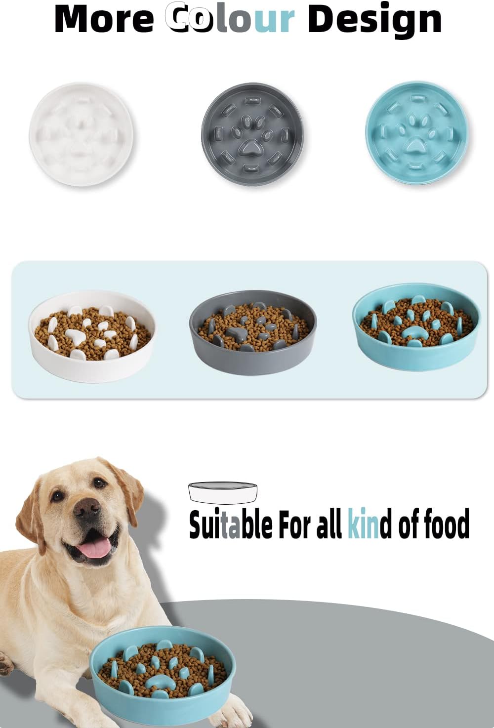 HAOTOP Ceramic Fun Slow Feeder Bowl, Porcelain Slow Eater Bowl for Medium Sized Dogs (Turquoise)