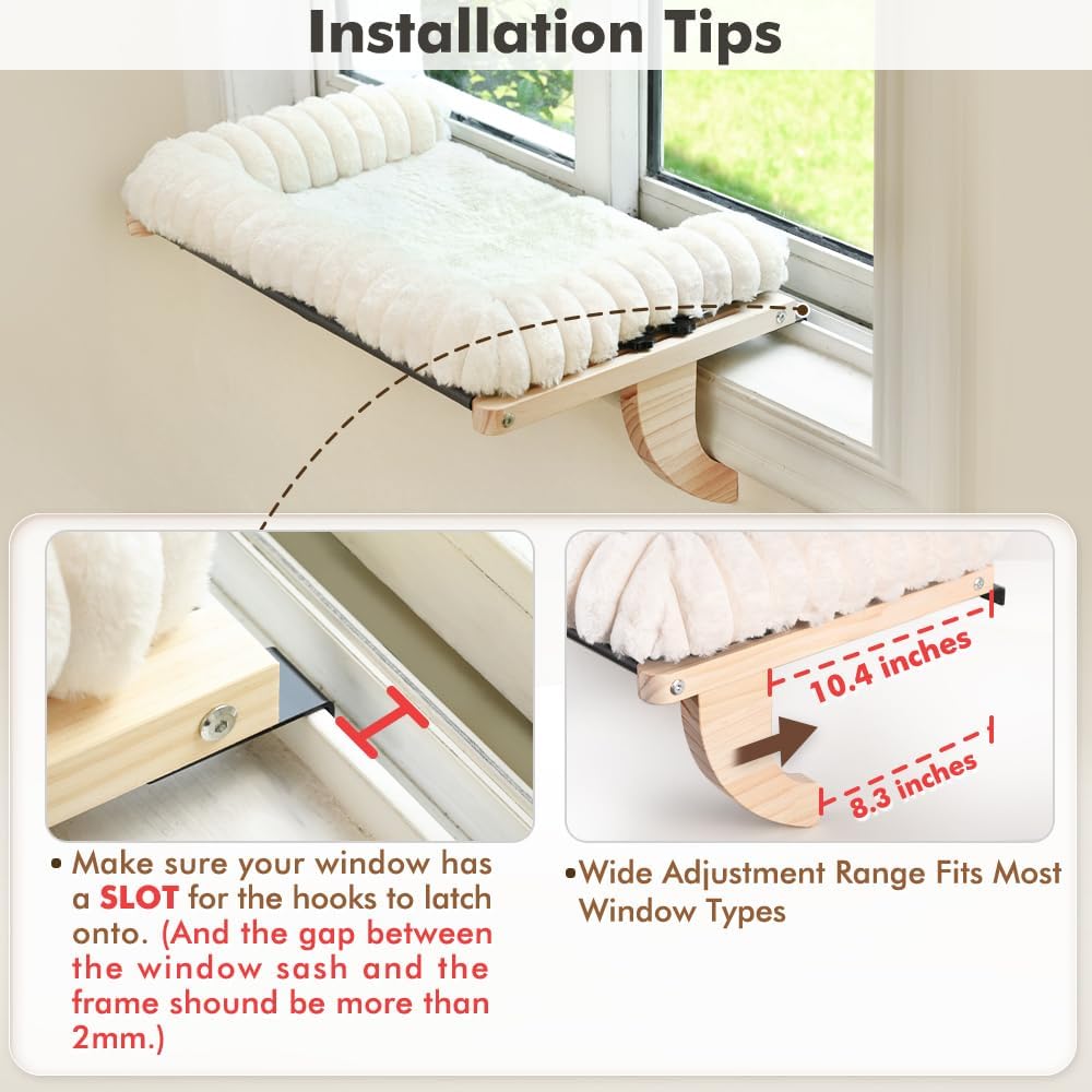 Cloud-Soft Cat Window Sill Perch with Zipper Designed Cushioned Bed, Supportive Cat Window Seat with Premium Solid Wood & Sturdy Metal Frame, Pet Hammock Bed for Large Cats (Large, White)