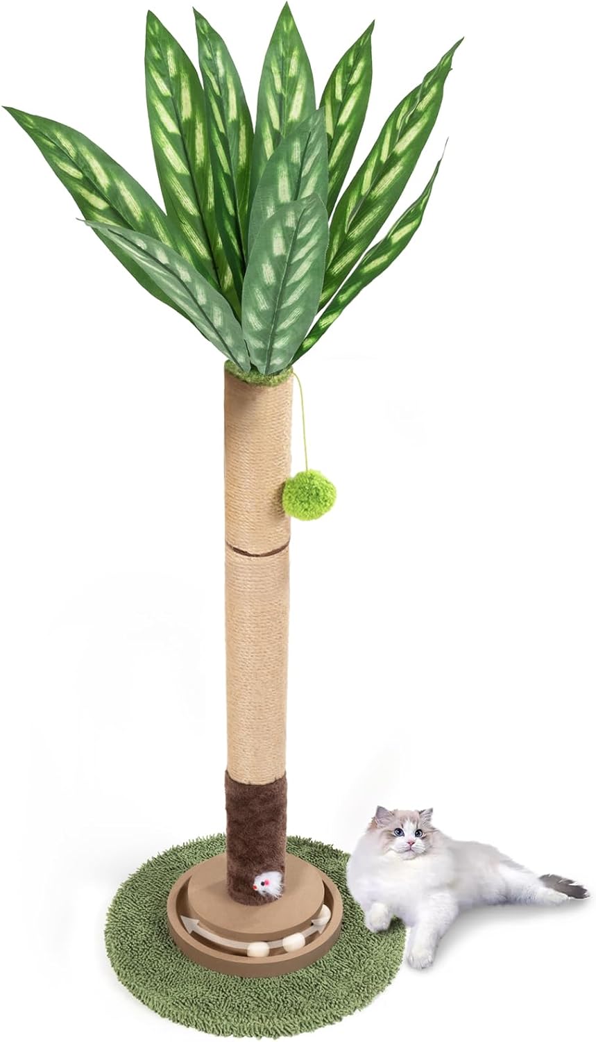 Cat Scratching Post, 35 Inch Tall Cat Scratcher Cat Tree Tower with Hanging Ball for Indoor Cats Adults,Peacock Plant Leaf,Sisal Rope Kitten Scratch with Interactive Mouse Cat Toy
