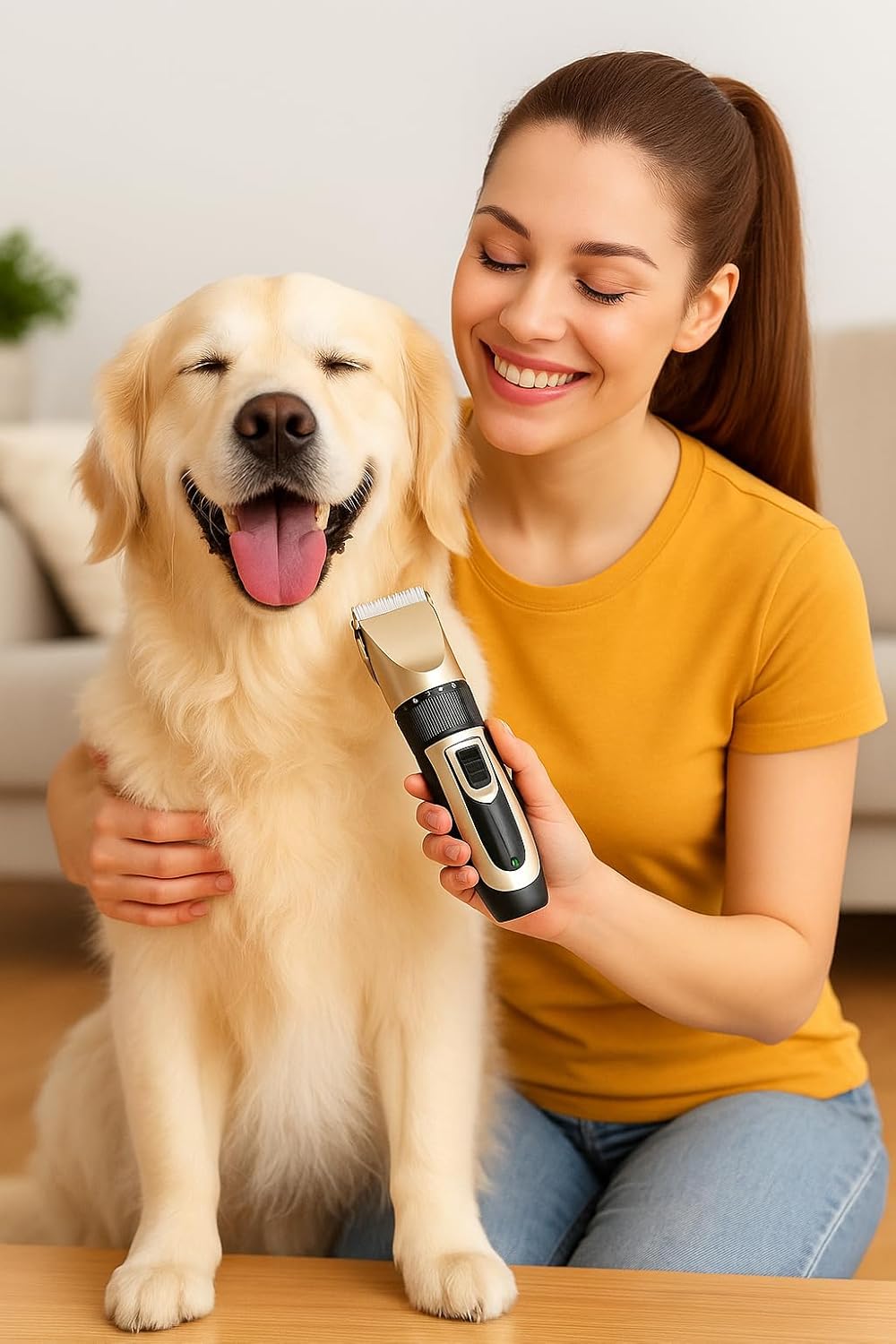 Dog Trimmer Pet Grooming Kit, 14 Piece Low Noise Rechargeable, Dog Shaver Cordless Electric Quiet, Nail Clipper, Filer, Scissors, Paw Trimmer Complete Set for Dog Cats Pets (Gold)