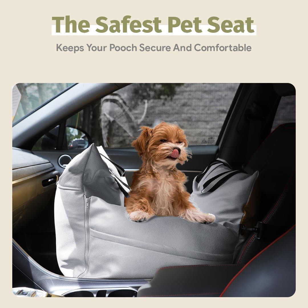 Dog Car Seat (Waterproof Booster) | Essential Travel Bed with Handles, Matching Pockets (Up to 30 Lbs) - Light Gray
