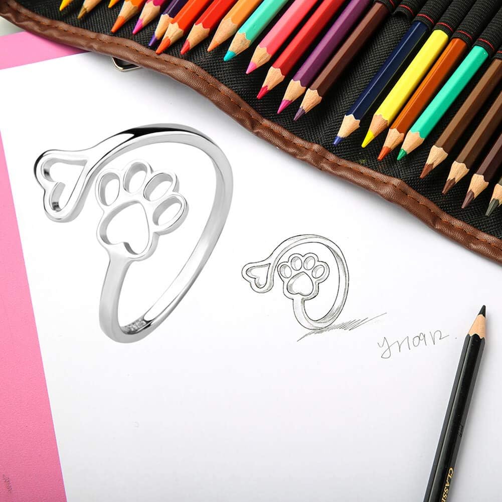 Puppy Lovers Paw Print Heart 925 Sterling Silver Adjustable Ring - Pet Animal Jewelry Creative Pierced Love Dog Cat Claw Ring - Gift for Pet Loving Friends and Families