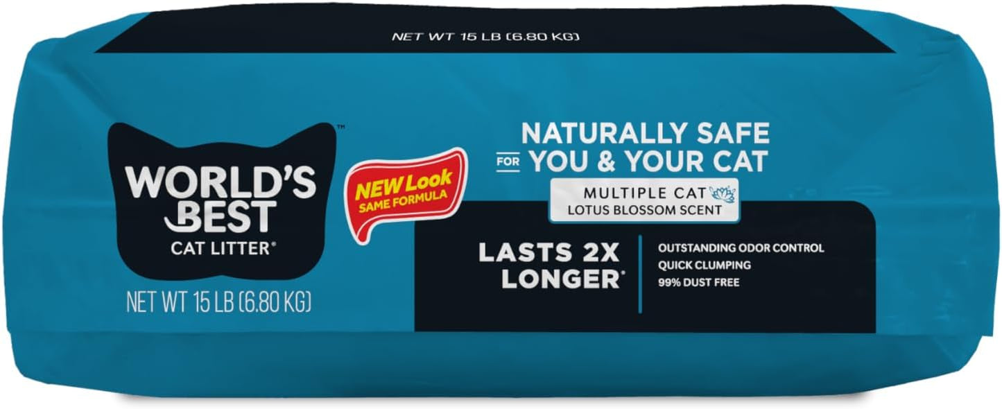 WORLD'S BEST CAT LITTER Multiple Cat Lotus Blossom Scented 15-Pounds - Natural Ingredients, Quick Clumping, Flushable, 99% Dust Free & Made in USA - Floral Fragrance & Long-Lasting Odor Control
