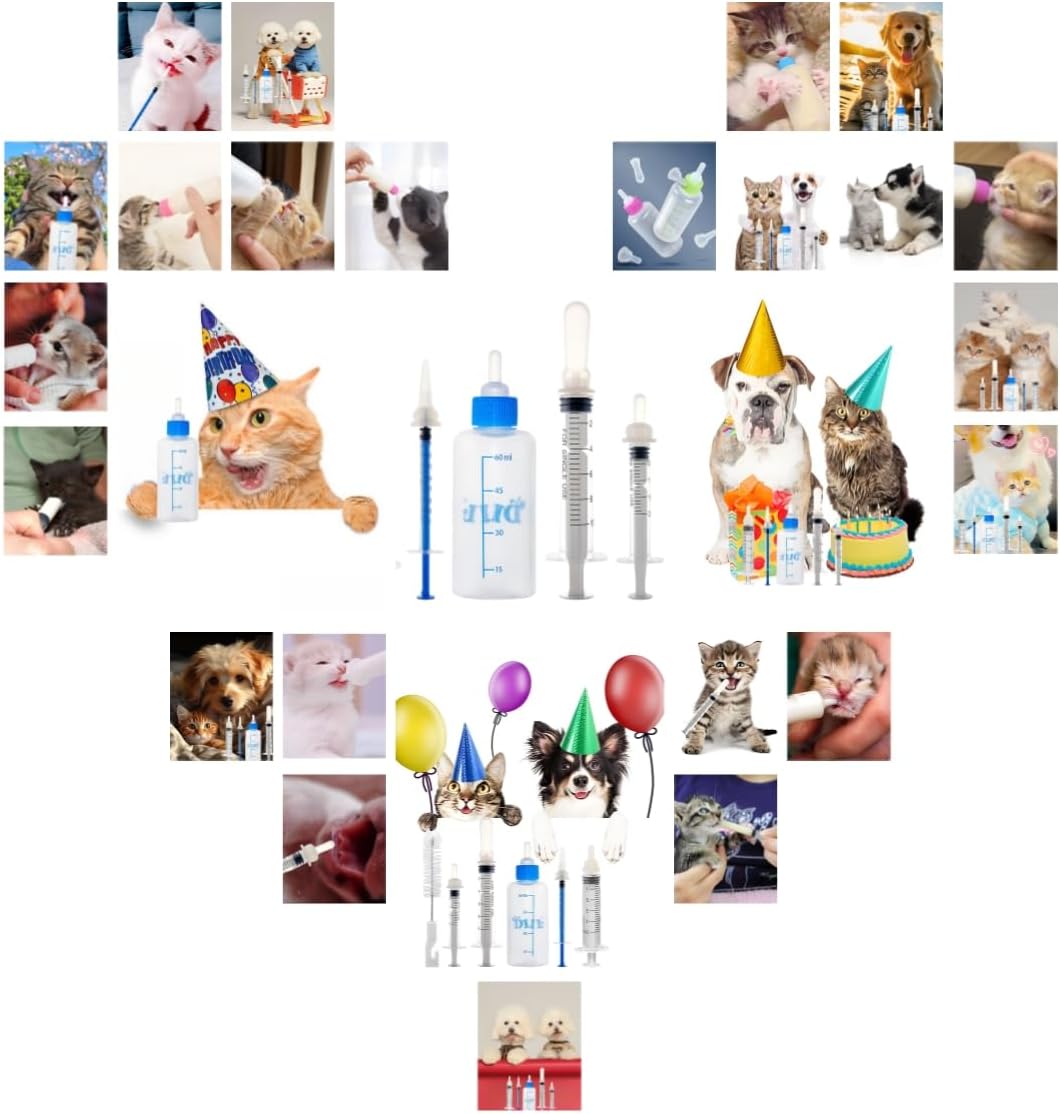 Kitten Bottle Feeding Kit 1ml 3ml 5ml 10ml 60ml Kitten Milk Replacement Bottles Small Animals Waterer Feeder for Nursing Newborn Kittens Cat Rabbit