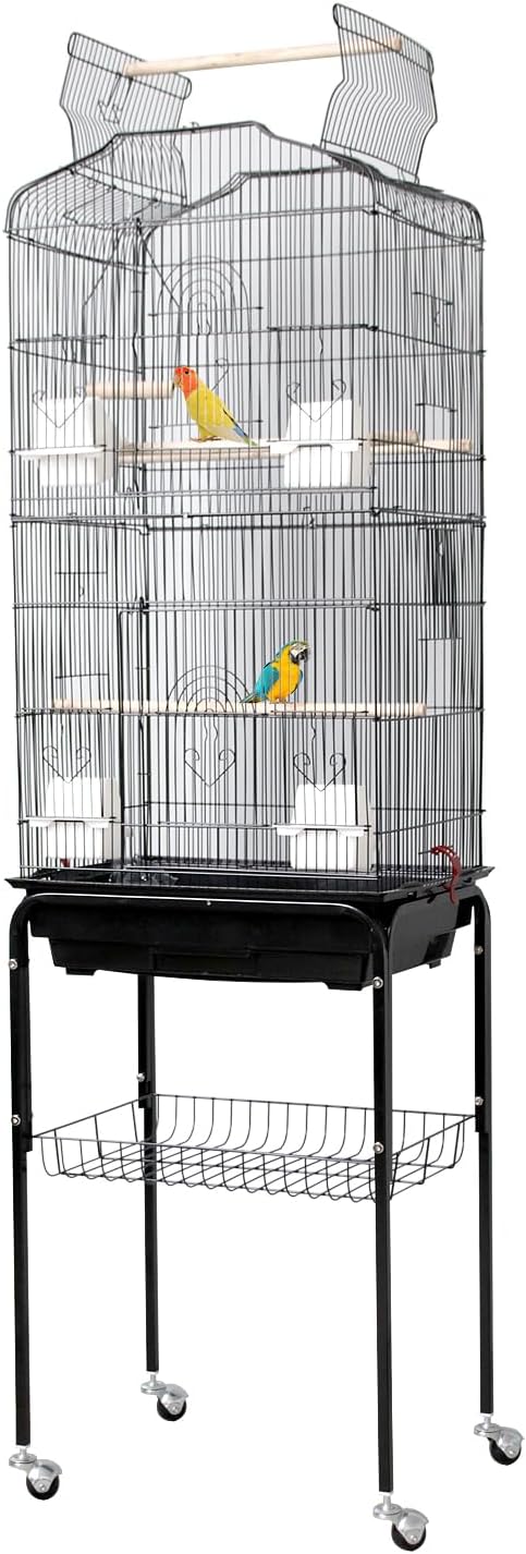 Large Wrought Iron Bird Cage with Open Play Top – 65.5 Inch Flight Cage for Parrots, Conures, Cockatiels, Lovebirds, Parakeets, Budgies – Heavy-Duty Detachable Rolling Stand & Storage Shelf – Black